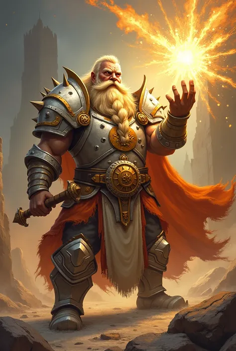 male, dwarf, (Masterpiece 1.5, intense details)cleric, paladin, (Masterpiece 1.5, intense details), casting a spell (Masterpiece 1.3, intense details),wearing heavy white armor with spikes (Masterpiece 1.2, intense details), orange cloak with sun symbol, f...