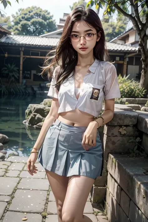 1 girl, (((at park))), (transparent white shirt), (wet shirt), (mini skirt), (pastel blue skirt), raw photo, (photorealistic:1.3...