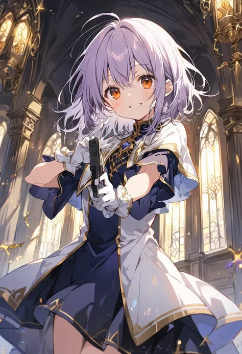 1 cute girl,
(light purple hair, bob hair, messy hair),
(dark orange eyes, tareme),
smile,

(aiming 2 HandGuns), looking at viewer,

(white Cleric headband, gold line),
(dark blue Cleric clothes, gold line),
(white leather glove, gold line),
(holding 2 Han...