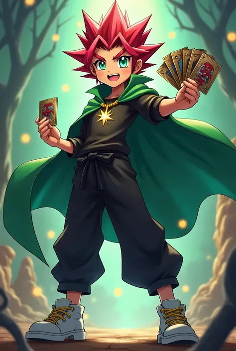 (Yu-Gi-Oh Style ) boy red hair emerald eyes black long sleeve shirt black baggy pants white shoes a green cape holding five cards in his right hand and a card on his neck as.a necklace her eyes have soft yellow sparkles as she gives a big smile full of con...