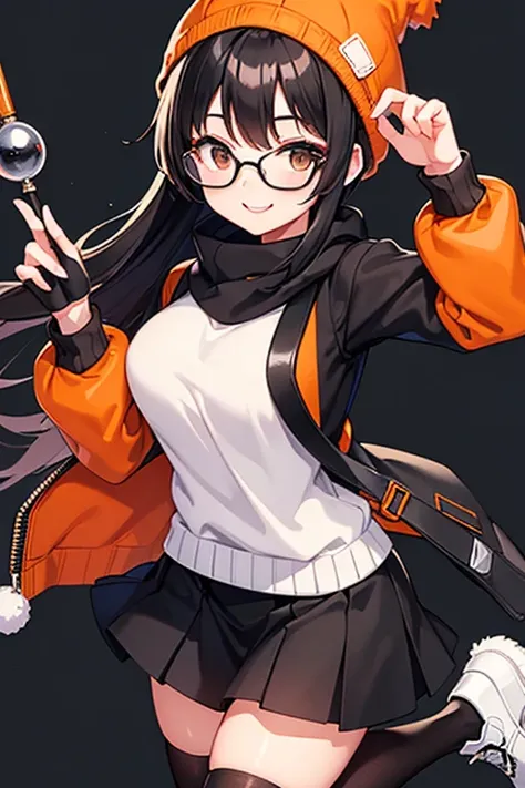 A chick with black hair, Orange winter hat with white details, black eyes, black glasses, Orange sweatshirt with a white detail, black shoes, black skirt, Black stockings, WITH A FRIENDLY SMILE