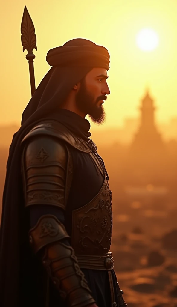 Super realistic silhouette image of the dashing Ali bin Abi Thalib wearing ancient Arabian war armor The setting is Mecca and Medina in the past, 575 AD. Very high level lighting detail, with ray tracing, high resolution, masterpiece, uhd, Accurate, best q...