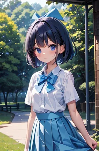 girl, student, age 15, wearing uniform, light blue skirt, long skirt, small bow, tiny bow, park, nature, nature park, anime, anime movie,大きい胸