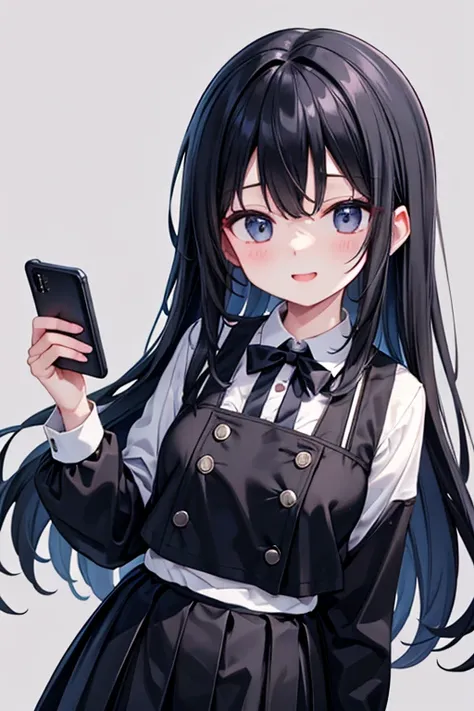 Looking at smartphone、uniform、Laughing、Long Black Hair、The background is simple