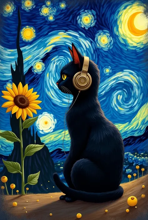 A black cat in the starry sky of Van Gogh with a sunflower and listening to music on headphones
