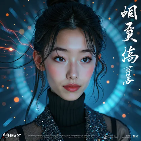 Music album cover. Professional photography of an Ultra-realistic Chinese female singer with no glasses. Background art work of digital circuit board mixed with music notes and music elements. Album secondary text "Explore the infinite possibilities of fut...