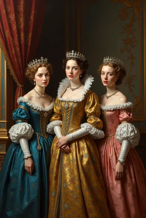 Attractive Queen of England in 17th century palace with her two attractive girlfriends 