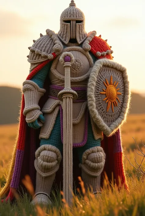 A towering paladin warrior, fully clad in wool from head to toe, with no part of his face or body visible. His entire form is crafted from thick, soft strands of yarn. His helmet completely covers his head, made entirely of interwoven wool with no gaps for...