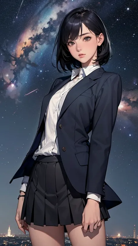 High resolution, masterpiece, Anatomically correct, Anatomically correct, accurate, Best Quality, Ultra high definition, The sky is the main、((A starry sky like outer space)),night、City rooftop view、Black bob hair、Blazer Skirt、woman、high school student、Hol...