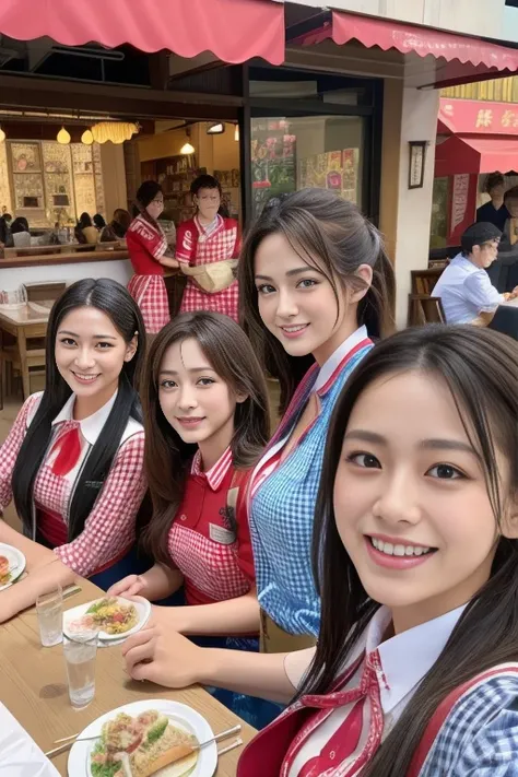 An incredible decision、High resolution、(masterpiece:1.4)、Super detailed、Sharp details、Dramatic and photorealistic painting art、Super Sentai Series、Everyone is wearing the family restaurant uniform.（Gingham check、Tartan、red、Pink dot、Group of 5）All smiles、