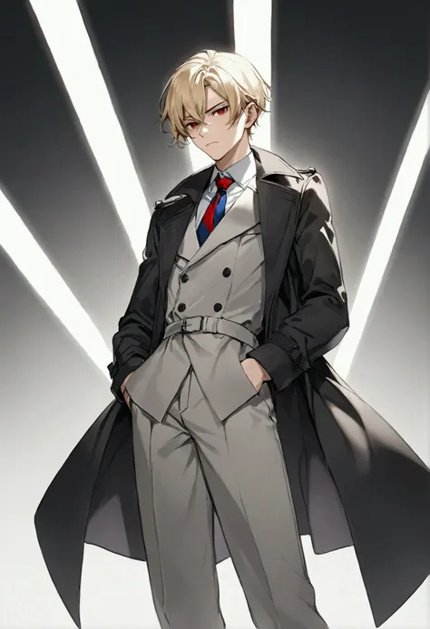 Hands in pockets,Exquisite facial features,blond，Red Eyes，Young male，Black trench coat