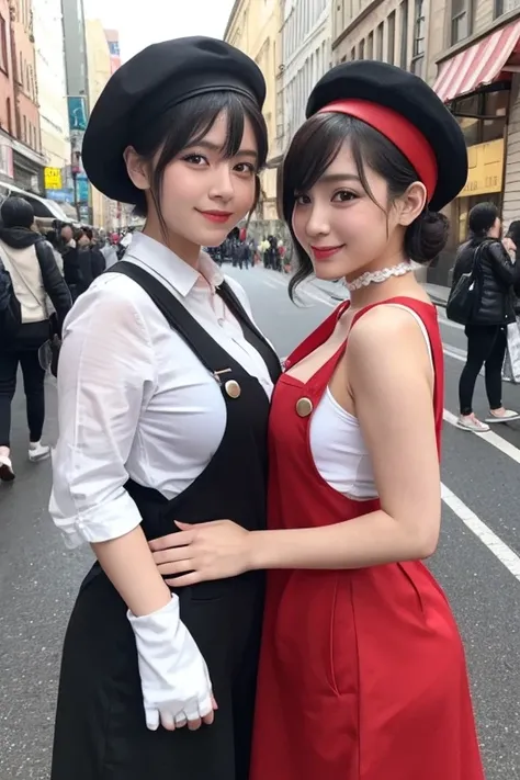 Two (((Curvy))) Female pantomime(((character))) We were standing side by side, Wearing clothes (((Classic))) Pantomime Costume. These same (((twins))) flaunted short black hair, Each one (((black))) beret, black--white striped shirts,  black overalls with ...