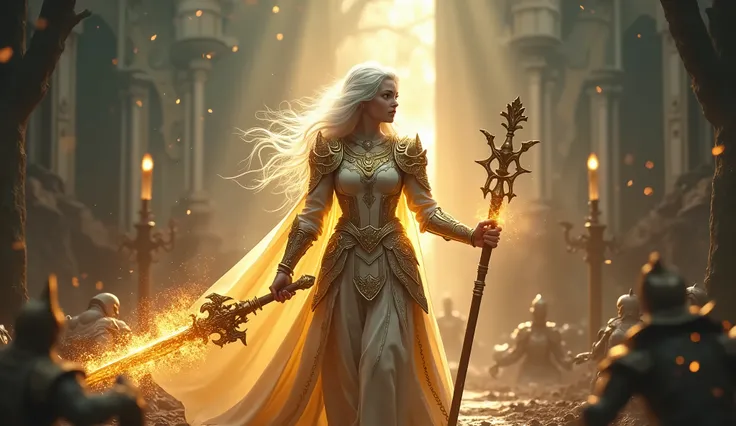 Girl Long Snow White Hair, Radiates Light Divine Magic, Aura Holy and Good, Knight in Golden Armor Which Sparkle with Patterns and Shimmers Different, ((Right Hand Cross Wood Carved Very Beautiful and Detailed)), in the Left Hand Holds a Mace on a Chain, H...