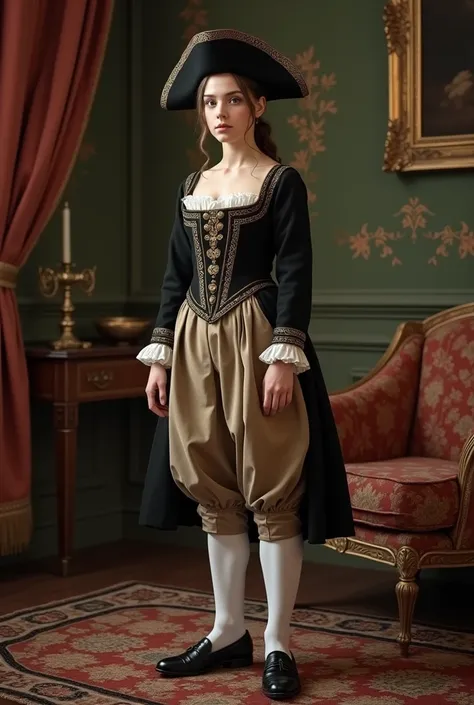 An early modern room. A girl in her 20s wearing: wide knee-lenght breeches, a wide long-sleeved military buttoned justacorps, white hoses, black leather shoes and a tricorn hat.