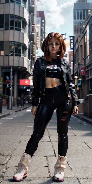 (Hyper realistic girl:1.2), ((20 year old Ochako Uraraka)), (My hero), full body, frontal viewstanding walking forward, urban street(large optical lenses, cat type frames), casual clothes, short black boots, high rise wales style leggings, Red fitted t-shi...