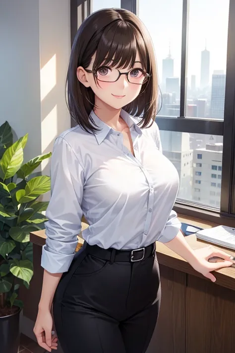 my grandmother、Shiny brown hair, Short Hair, (Beautiful brown eyes、Sparkling eyes, Fine grain)、smile、Ultra-detailed eyes、Highly detailed face, Highly detailed eyes,Cowboy Shot、



In an office environment、A young woman in a black suit and white shirt is st...