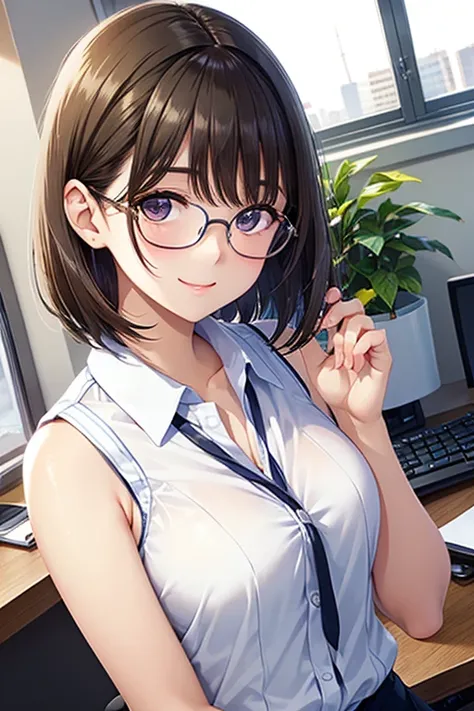 my grandmother、Shiny brown hair, Short Hair, (Beautiful brown eyes、Sparkling eyes, Fine grain)、smile、Ultra-detailed eyes、Highly detailed face, Highly detailed eyes,Cowboy Shot、



In an office environment、A young woman in a sleeveless white shirt is standi...