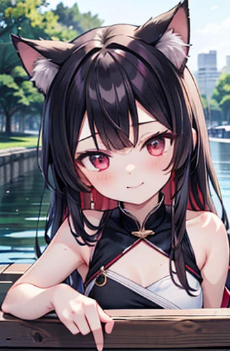 ((masutepiece)), ((Best Quality)), in 8K, detaileds, Ultra-detailed, Detailed and Intricicated, 1girl in, Cats ears, Slouched, Wink, Nihilistic smile, Looking at the camera, waterside, black  red hair, Long Wave Hair,大きい胸、