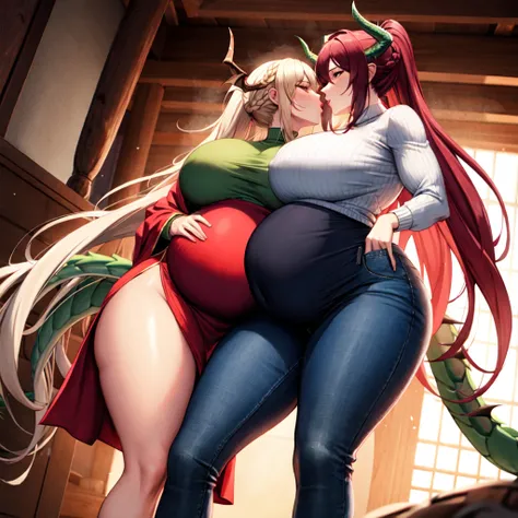 pregnant. lesbian kiss. high heel. very very long hair. ponytail. stockings. huge breast. huge hips. kissing. treasure cave. sweater. walking. muscles. muscled. braid. jeans. kimono. dragon girl. dragon wings. dragon tail. dragon horns.