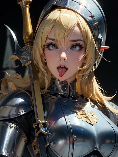 ((masterpiece)), (best quality), extremely detailed, very beautiful face, kinky Female Paladin, Blonde Female paladin, paladin girl with huge heavy detailed shiny armor, Holding Excalibur and Metal Kite Shield, Paladin helmet with exposed face, (tongue out...