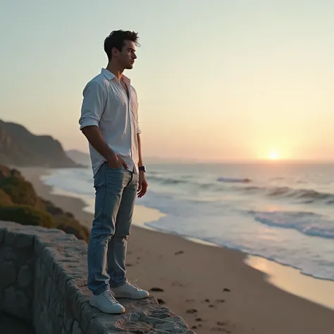 makes image of a white man, model type 3, com cabelo escuro, blue colored eyes, wearing white shirt, jeans,   at sunrise,  on top of a wall on the beach