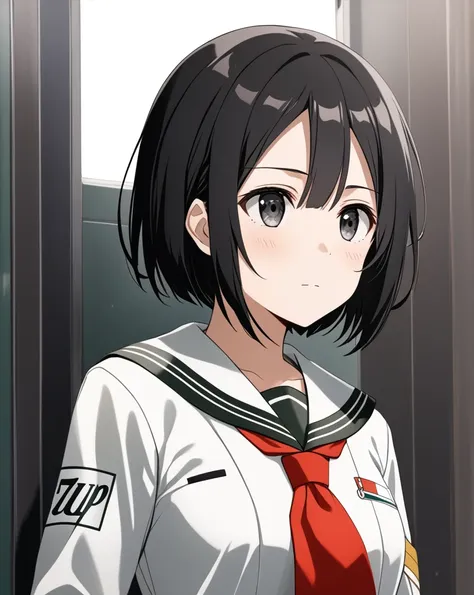 score_9, score_8_up, score_7_up,
one girl, alone, short hair,black hair, black eyes,hair between the eyes, short hair, long slee...