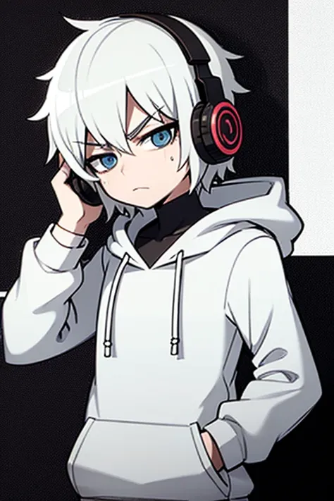 Just put the headphones on your head、Wearing a white hoodie、A cute man with a childish face and a dirty look