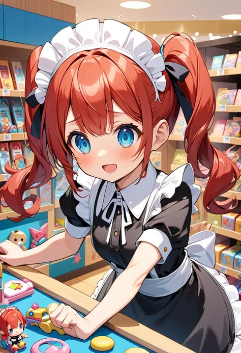 Brand Box Toy Style、A  chooses a toy at a toy store、(The girl is super short:1.5).Redhead with twin tails、Maid&#39;s Hair Ornament、She is wearing a gorgeous frilly maid outfit.、A doll of a girl with red hair and twin tails wearing robot armor is lined up n...