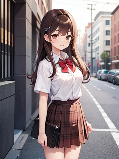 masterpiece, best quality, 1girl, solo, skirt, outdoors, jacket, standing, socks, shoes, looking at viewer, brown footwear, white school uniform loafers, brown hair, brown plaid skirt, black socks, short sleeves, bangs, open clothes, bow, brown eyes, pleat...