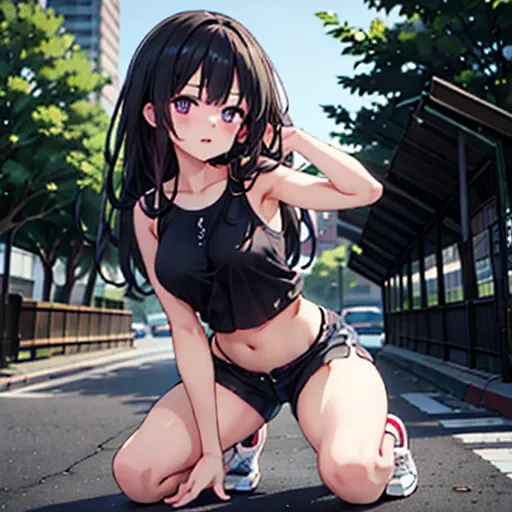 realistic image, coherent image, detailed image, 1 beautiful girl. She has black hair, long silky hair. Her eyes are violet, long eyelashes. Her face is oval and delicate. She is wearing a sleeveless shirt, showing her navel, ripped sports shorts, sneakers...