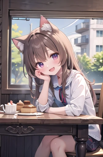 (masterpiece),  indoors,  bakery,  cupcake,  sitting,  table,  head tilt,  looking at viewer,  holding food,  sunlight,  1girl,  blush,  smile,  open mouth,  fang,  cat ears,  tail,  long hair,  light brown hair,大きい胸、