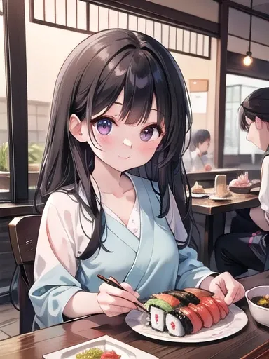 Smiling young woman holding a plate of sushi at a sushi bar。She has long black hair and is wearing light blue casual clothing.、Grab your chopsticks and get ready to enjoy sushi。On her plate、Colorful sushi rolls and nigiri sushi are beautifully lined up。In ...