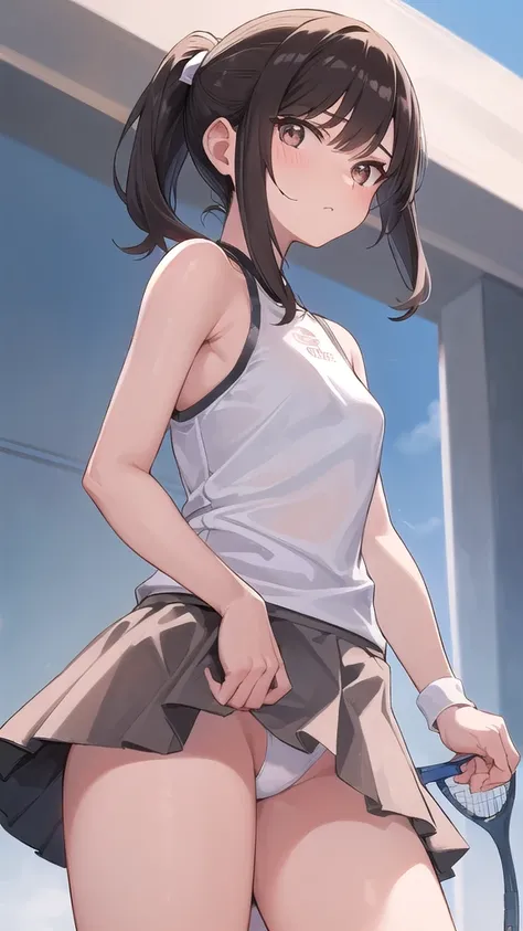 Anatomically correct, One Girl, Small breasts,  ｛Shortcuts:1.7｝, Short Ponytail, Tennis Player,mini skirt, Brown Hair, ,,A look of contempt, Solemn, Underskirt