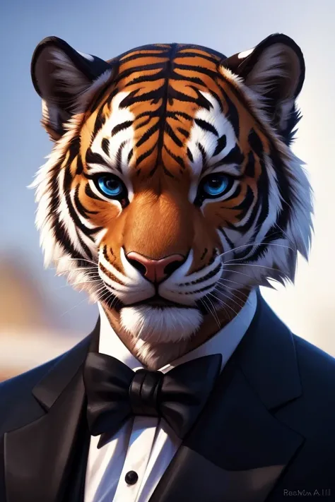 (by pixelsketcher:0.6), (by personalami :0.6), solo,male,  tiger  ,detailed background, (cinematic lighting:1.1), (perfect focus:1.1), 8k hd, photo, (detailed eyes:1.2),depth of field, bokeh, subsurface scattering, wide ,(suit, tuxedo, elegant suit),upper ...