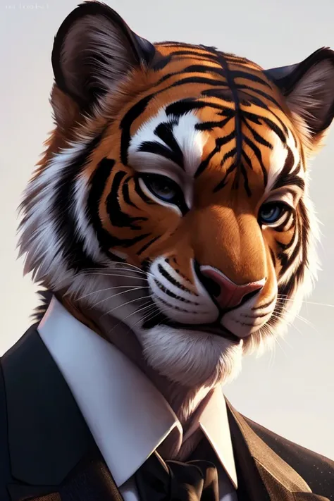 (by pixelsketcher:0.6), (by personalami :0.6), solo,male,  tiger  ,detailed background, (cinematic lighting:1.1), (perfect focus:1.1), 8k hd, photo, (detailed eyes:1.2),depth of field, bokeh, subsurface scattering, wide ,(suit, tuxedo, elegant suit),upper ...