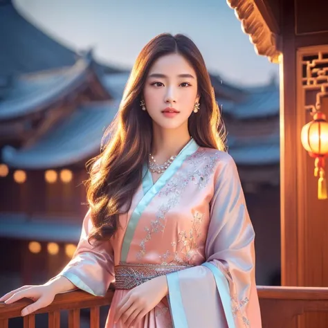 A beautiful young Asian woman, delicate facial features,pink lip, long brown hair, wearing a traditional Chinese dress with white and light blue colors flowing gently in the breeze, wearing silver earrings and small necklaces ,standing on the wooden balcon...