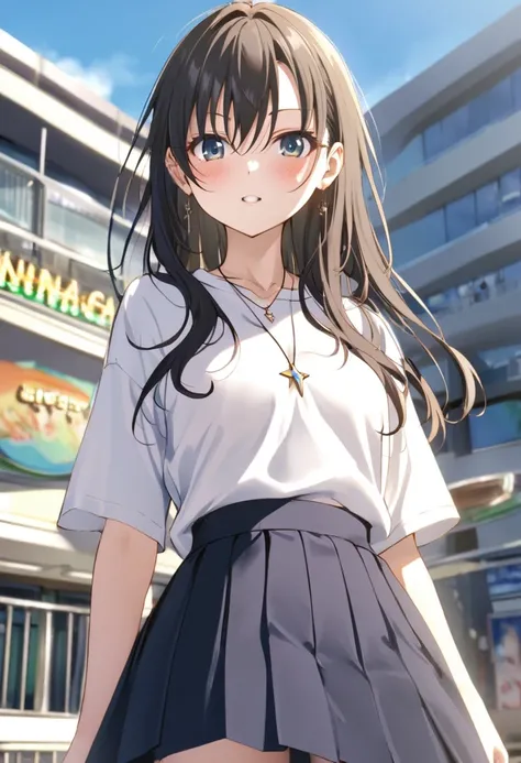 1girl,sincos, ningen mame, toosaka asagi,solo,medium breasts,20yo,school,pleated skirt, white shirt and tie, tiniy motifs necklace, ((cool character)), frontal view, outdoors, day, sky, long brunette hair, black eyes,doyagao, casino, best quality, very aes...