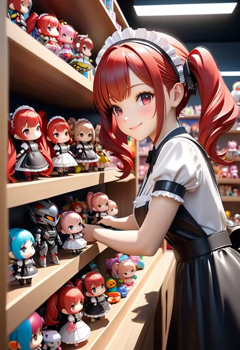 a tiny chibi girl in a toy shop choosing toys, (girl is super chibi style:1.6), redhead with twin tails, maid hair accessories, wearing a luxurious frilly maid dress, red-haired twin-tailed girl with robot armor doll neatly displayed on the toy shelves, ot...