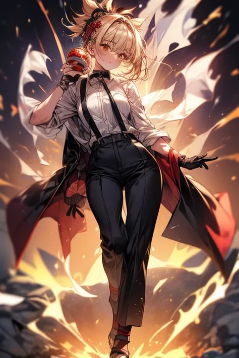 (best quality, masterpiece), 1women ,4k, 8k, uhd, hdr, detailed background,, wearing a white button-up shirt with a black tie, black suspenders over the shirt, black gloves, black pants, , full body, yoimiyadef, yoimiyarnd