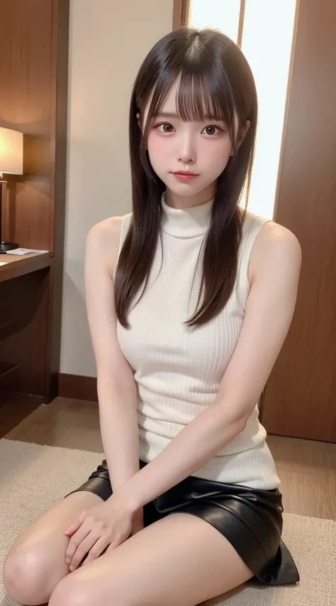 Very beautiful girl、Very beautiful and elegant face, Deep Valley), (She is crossing her legs and showing her bare feet..、彼女は非常にLarge Breastsを持っています、、White high neck ribbed tank top、Black Leather Mini Skirt:1.3), (Large Breasts.), Her hair is braided, (Beau...