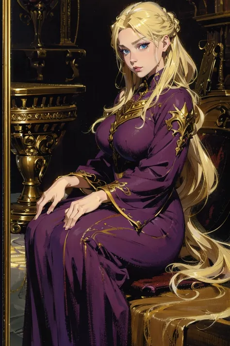 (best lighting) (best quality, masterpiece:1.2), (absurdres), 4k, (detailed eyes), (detailed face), woman, very long blonde hair, curvy, high fantasy fashion, fantasy, mythical, solo, cinematic, soft lighting, centred, bold background