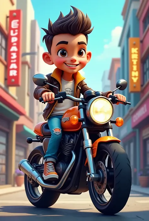 A cartoon stylish boy sit on moter bike