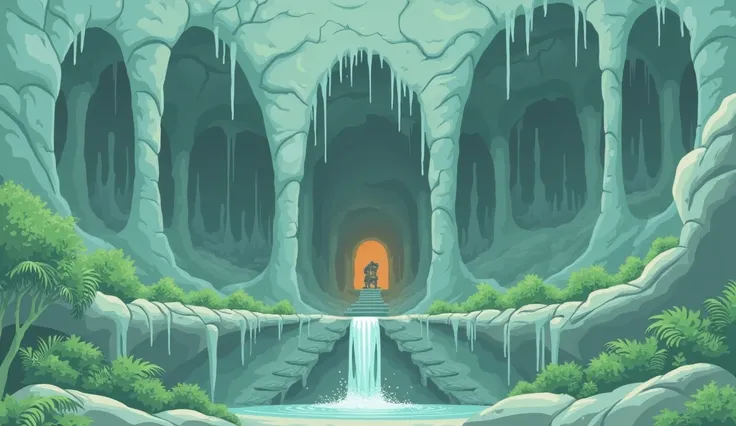 Jungle cave, without character, stone, stalactites, stalagmite, cartoon style