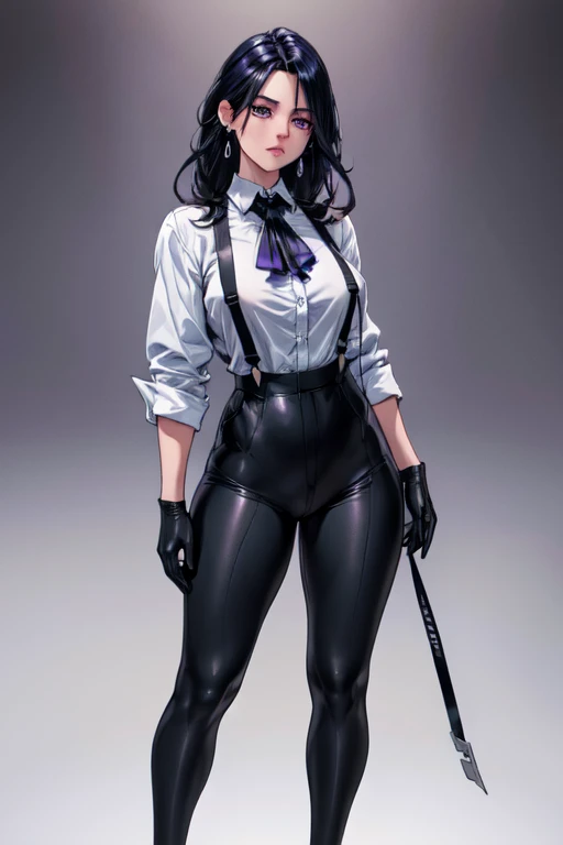 (best quality, masterpiece), 1women ,4k, 8k, uhd, hdr, detailed background,, wearing a white button-up shirt with a black tie, black suspenders over the shirt, black gloves, black pants, , full body, giclorinde, purple eyes, large breasts, hair between eye...