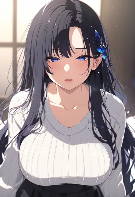 Anime Style, Beautifully detailed、High resolution portrait masterpiece of a girl with long hair。, Shiny black hair long Slight Waves hair and captivating Midnight blue eyes, Anime Style, Beautifully detaile, looks at me ,blush,white sweater, black skirt,Bi...