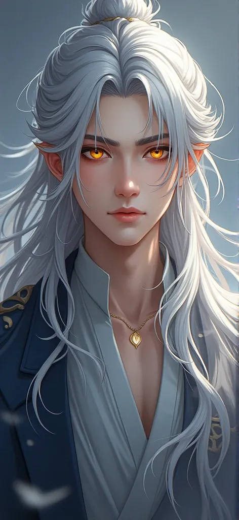 Full body image,handsome protagonist xianxia,long silver hair,golden amber eyes,soft gaze,ultra hd ,better quality
