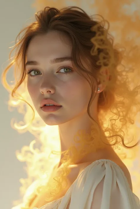 Wallpaper realistic portrait 8k,of young woman, wearing dressing clea,a write golden smoke 