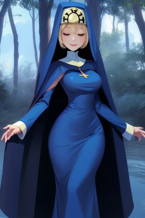 Double, short blonde hair, nun uniform, medium breasts, solo, 1girl, smile, white gloves, closed eyes, blue habit, cape, cross necklace, nun, long skirt, forest, standing