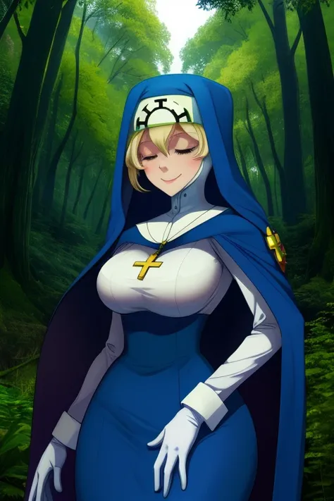 Double, short blonde hair, nun uniform, medium breasts, solo, 1girl, smile, white gloves, closed eyes, blue habit, cape, cape underneath shoulder, cross necklace, nun, long skirt, forest, standing