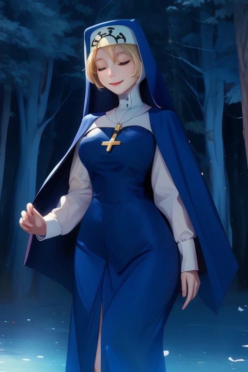 Double, short blonde hair, nun uniform, medium breasts, solo, 1girl, smile, white gloves, closed eyes, blue habit, cape, cross necklace, nun, long skirt, forest, standing